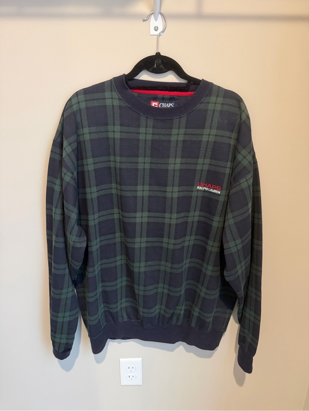 VINTAGE Chaps Ralph Lauren Sweatshirt Mens Large Green Navy Plaid Crewneck